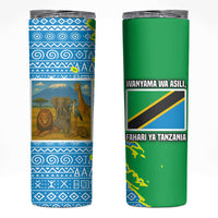 Tanzania Wildlife Skinny Tumbler with Tribal Print and Mount Kilimanjaro Safari Scene