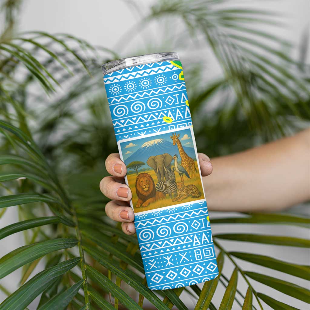 Tanzania Wildlife Skinny Tumbler with Tribal Print and Mount Kilimanjaro Safari Scene