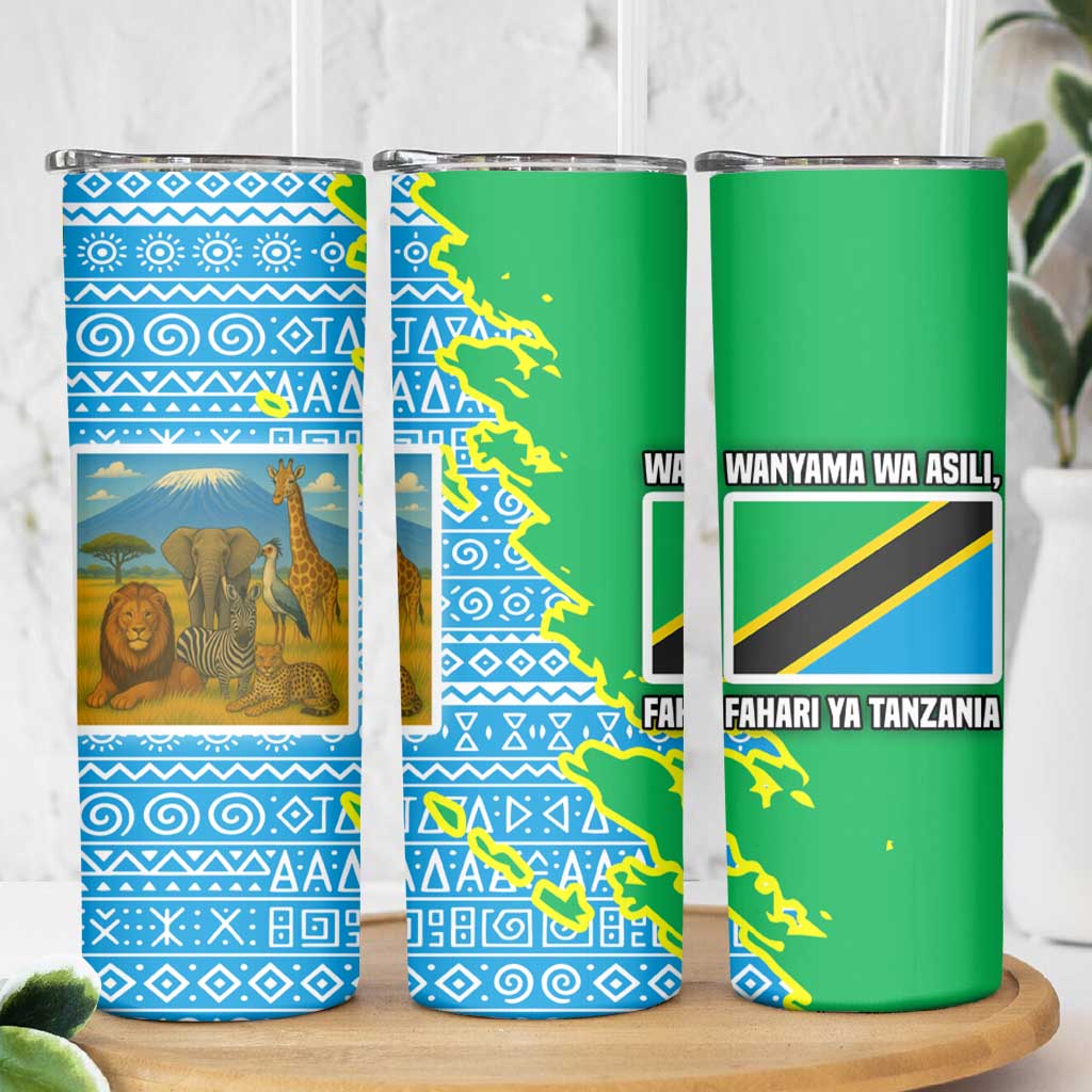 Tanzania Wildlife Skinny Tumbler with Tribal Print and Mount Kilimanjaro Safari Scene