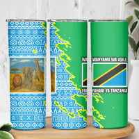 Tanzania Wildlife Skinny Tumbler with Tribal Print and Mount Kilimanjaro Safari Scene