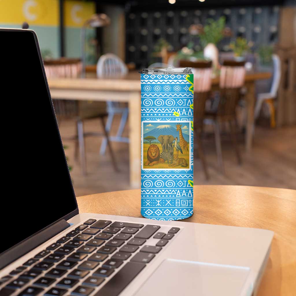 Tanzania Wildlife Skinny Tumbler with Tribal Print and Mount Kilimanjaro Safari Scene