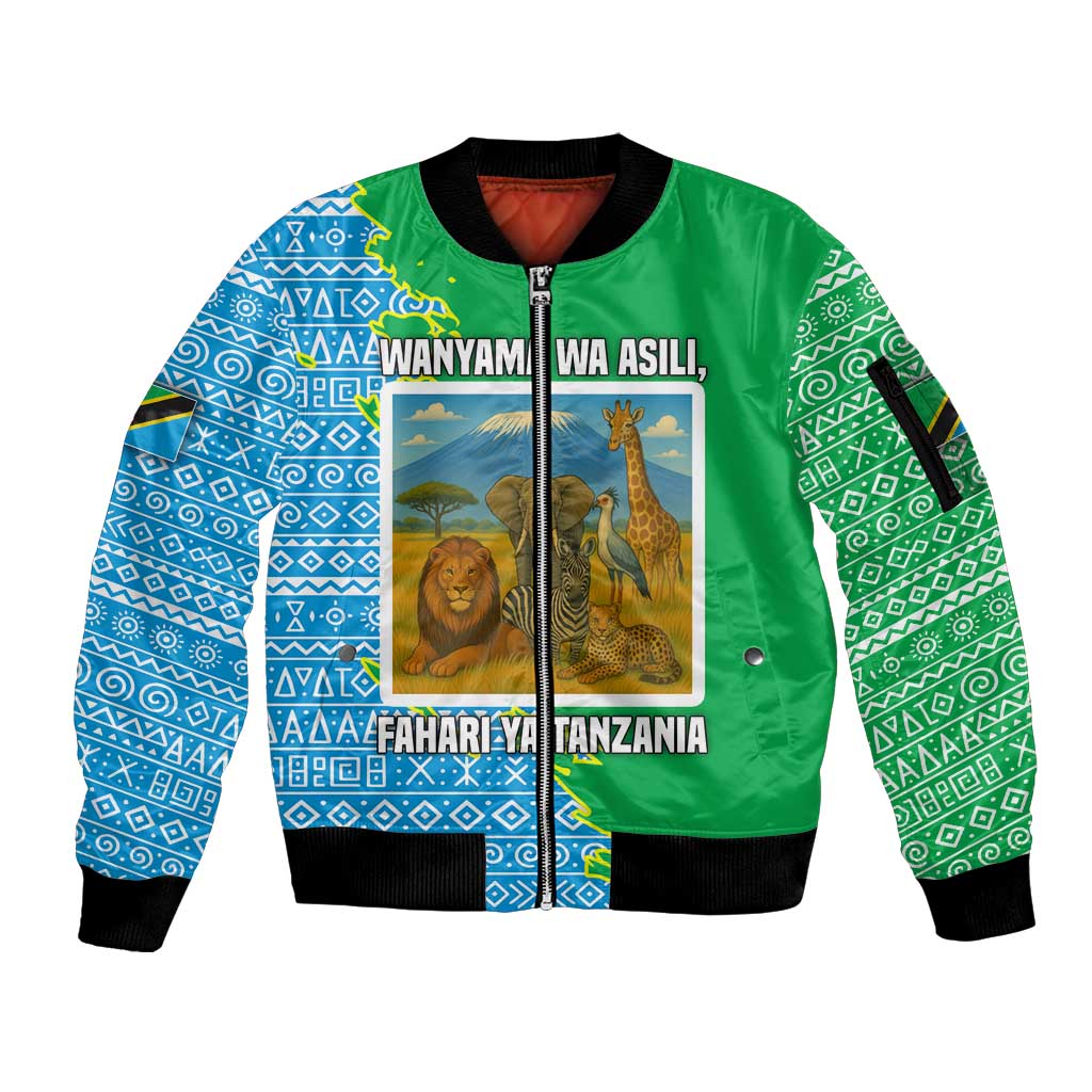 Tanzania Wildlife Sleeve Zip Bomber Jacket with Tribal Print and Mount Kilimanjaro Safari Scene