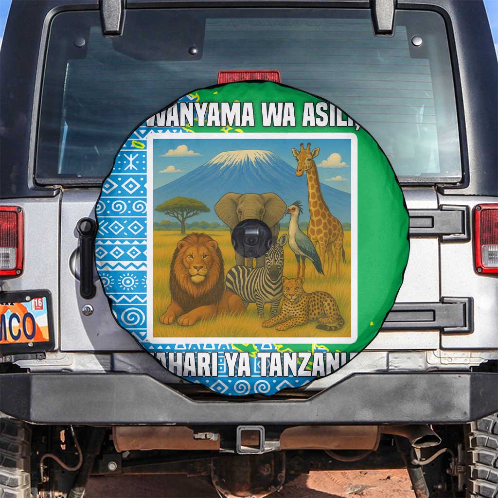 Tanzania Wildlife Spare Tire Cover with Tribal Print and Mount Kilimanjaro Safari Scene