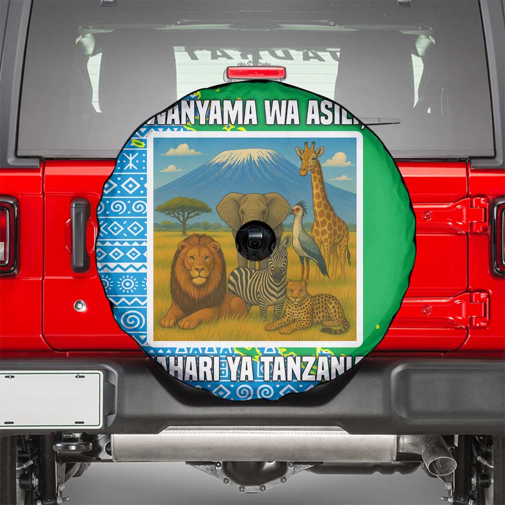 Tanzania Wildlife Spare Tire Cover with Tribal Print and Mount Kilimanjaro Safari Scene