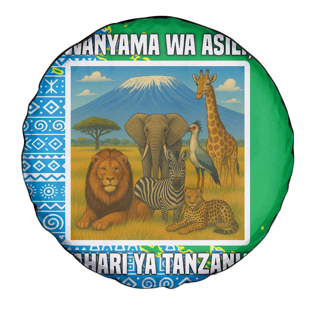 Tanzania Wildlife Spare Tire Cover with Tribal Print and Mount Kilimanjaro Safari Scene