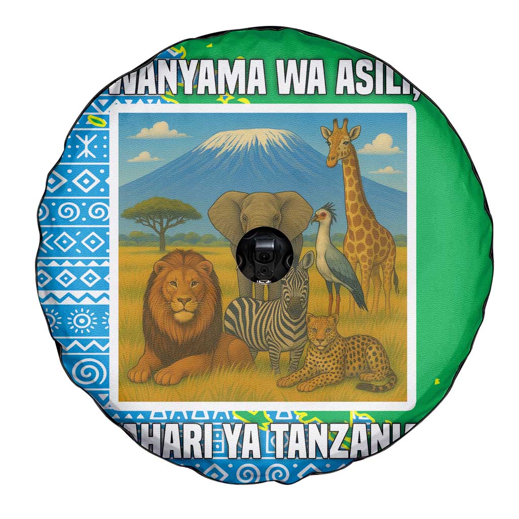 Tanzania Wildlife Spare Tire Cover with Tribal Print and Mount Kilimanjaro Safari Scene