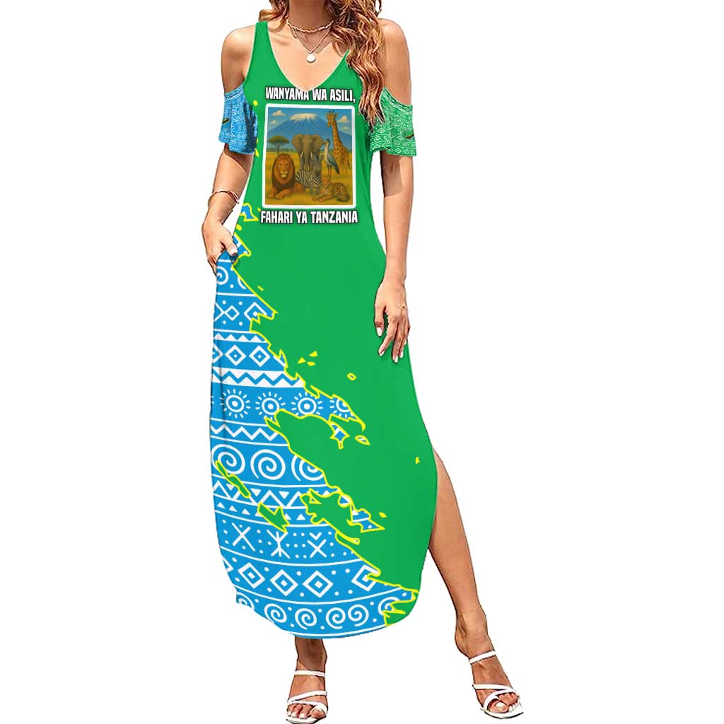 Tanzania Wildlife Summer Maxi Dress with Tribal Print and Mount Kilimanjaro Safari Scene