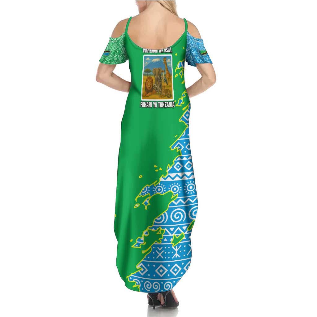 Tanzania Wildlife Summer Maxi Dress with Tribal Print and Mount Kilimanjaro Safari Scene