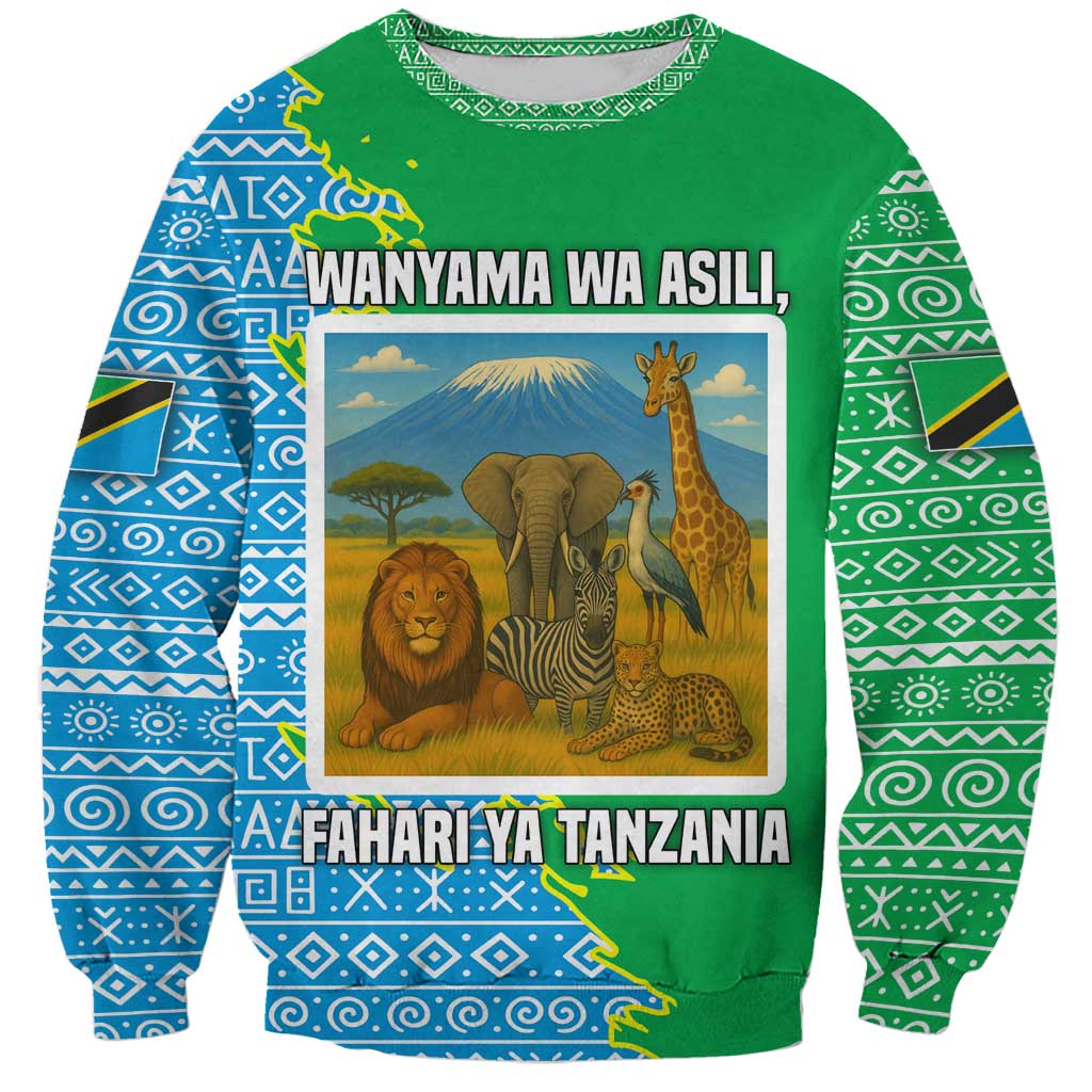 Tanzania Wildlife Sweatshirt with Tribal Print and Mount Kilimanjaro Safari Scene