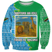 Tanzania Wildlife Sweatshirt with Tribal Print and Mount Kilimanjaro Safari Scene