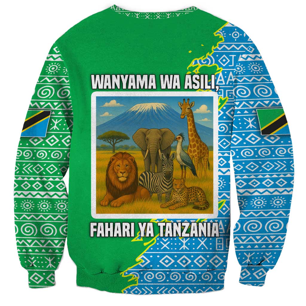 Tanzania Wildlife Sweatshirt with Tribal Print and Mount Kilimanjaro Safari Scene