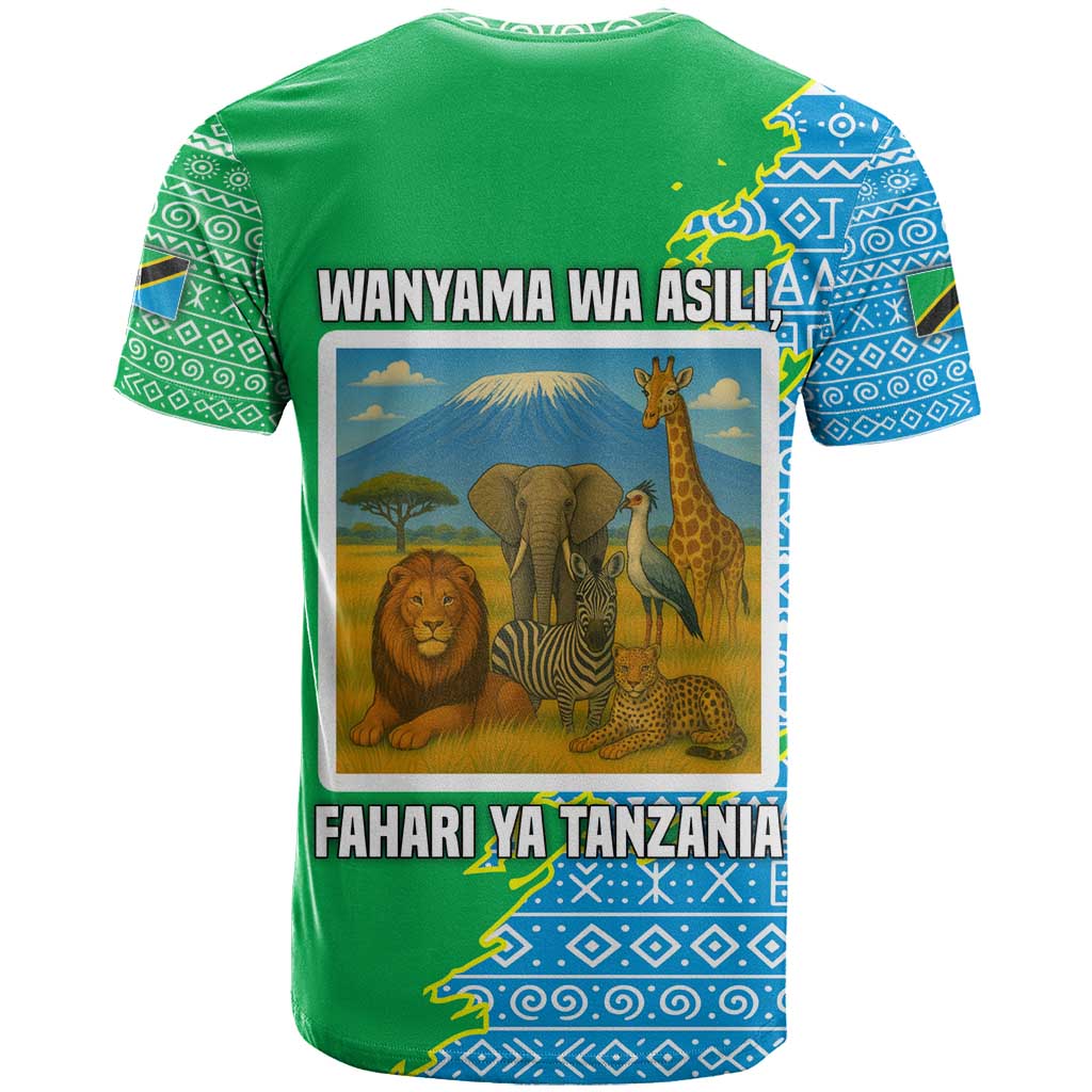Tanzania Wildlife T Shirt with Tribal Print and Mount Kilimanjaro Safari Scene