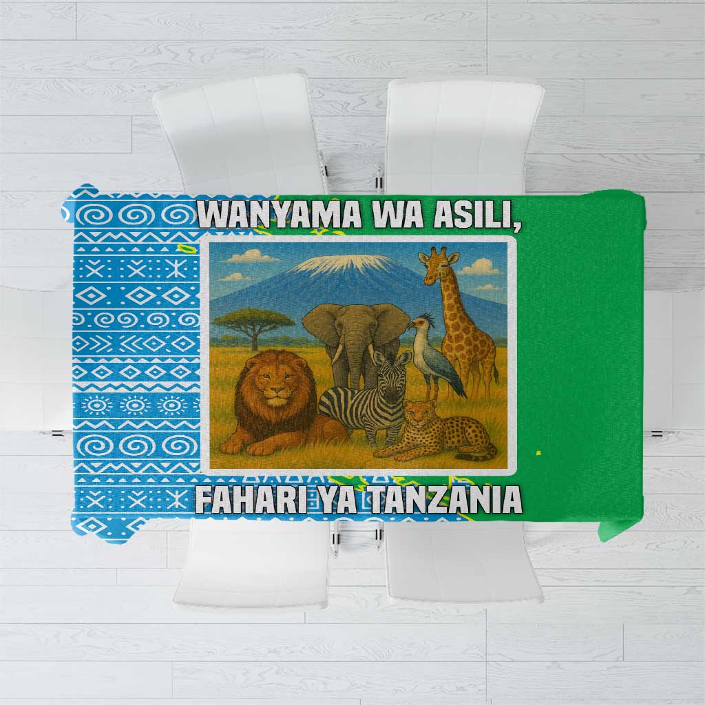 Tanzania Wildlife Tablecloth with Tribal Print and Mount Kilimanjaro Safari Scene