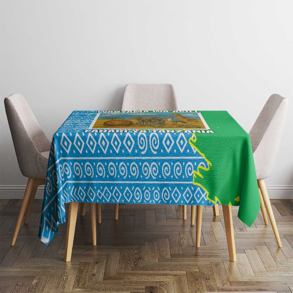 Tanzania Wildlife Tablecloth with Tribal Print and Mount Kilimanjaro Safari Scene