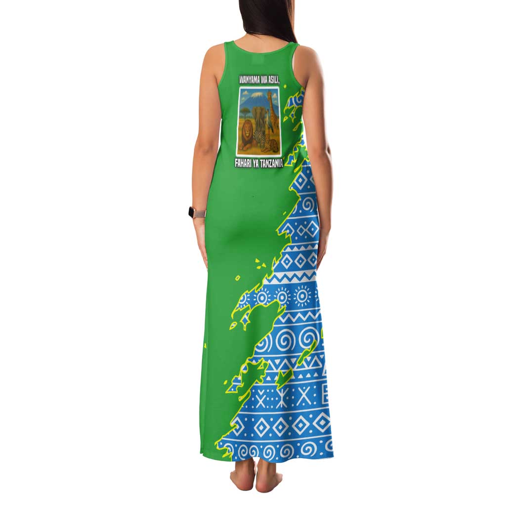 Tanzania Wildlife Tank Maxi Dress with Tribal Print and Mount Kilimanjaro Safari Scene