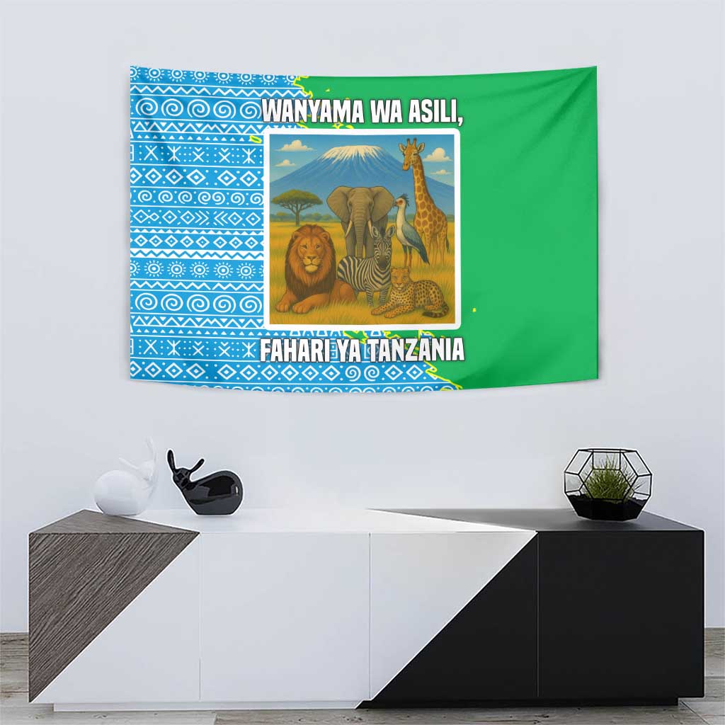 Tanzania Wildlife Tapestry with Tribal Print and Mount Kilimanjaro Safari Scene