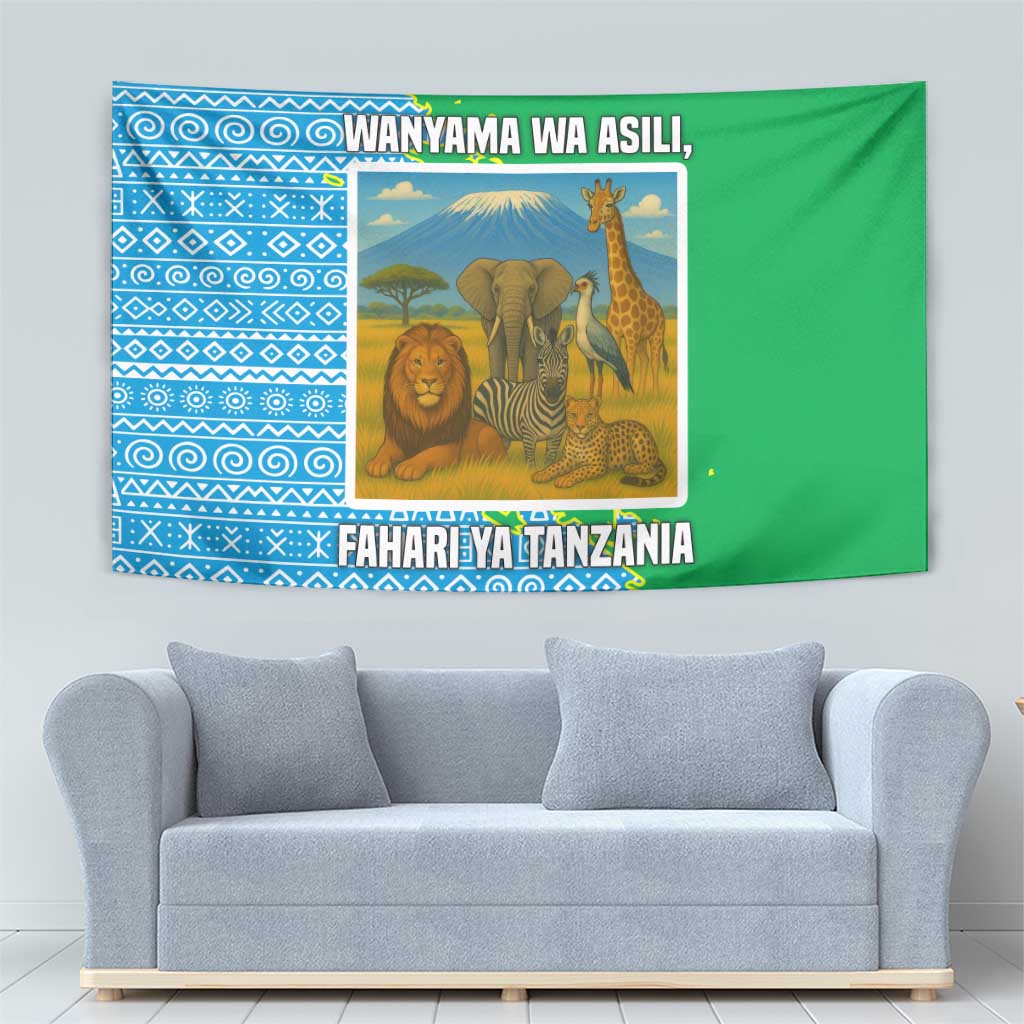 Tanzania Wildlife Tapestry with Tribal Print and Mount Kilimanjaro Safari Scene