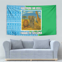 Tanzania Wildlife Tapestry with Tribal Print and Mount Kilimanjaro Safari Scene