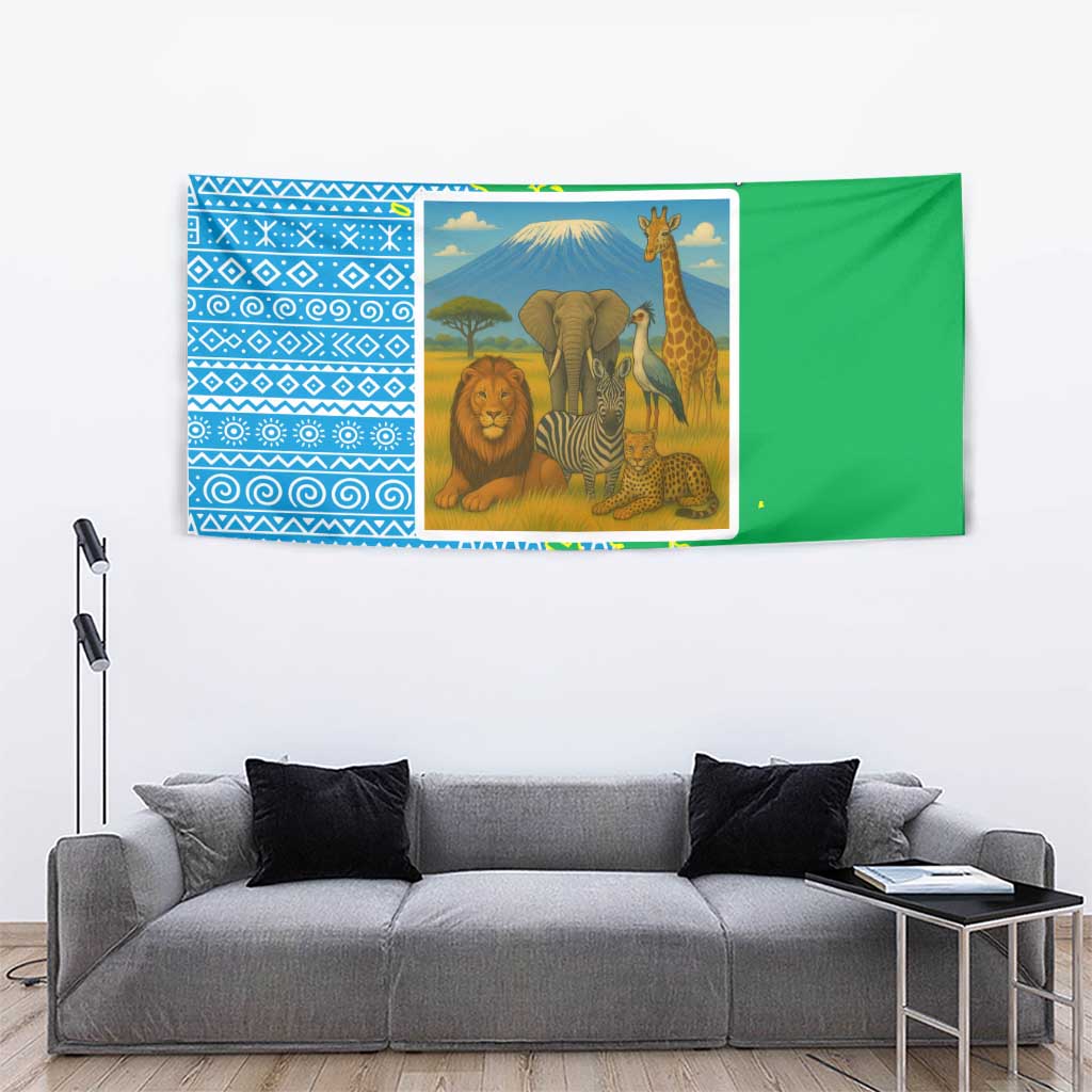 Tanzania Wildlife Tapestry with Tribal Print and Mount Kilimanjaro Safari Scene