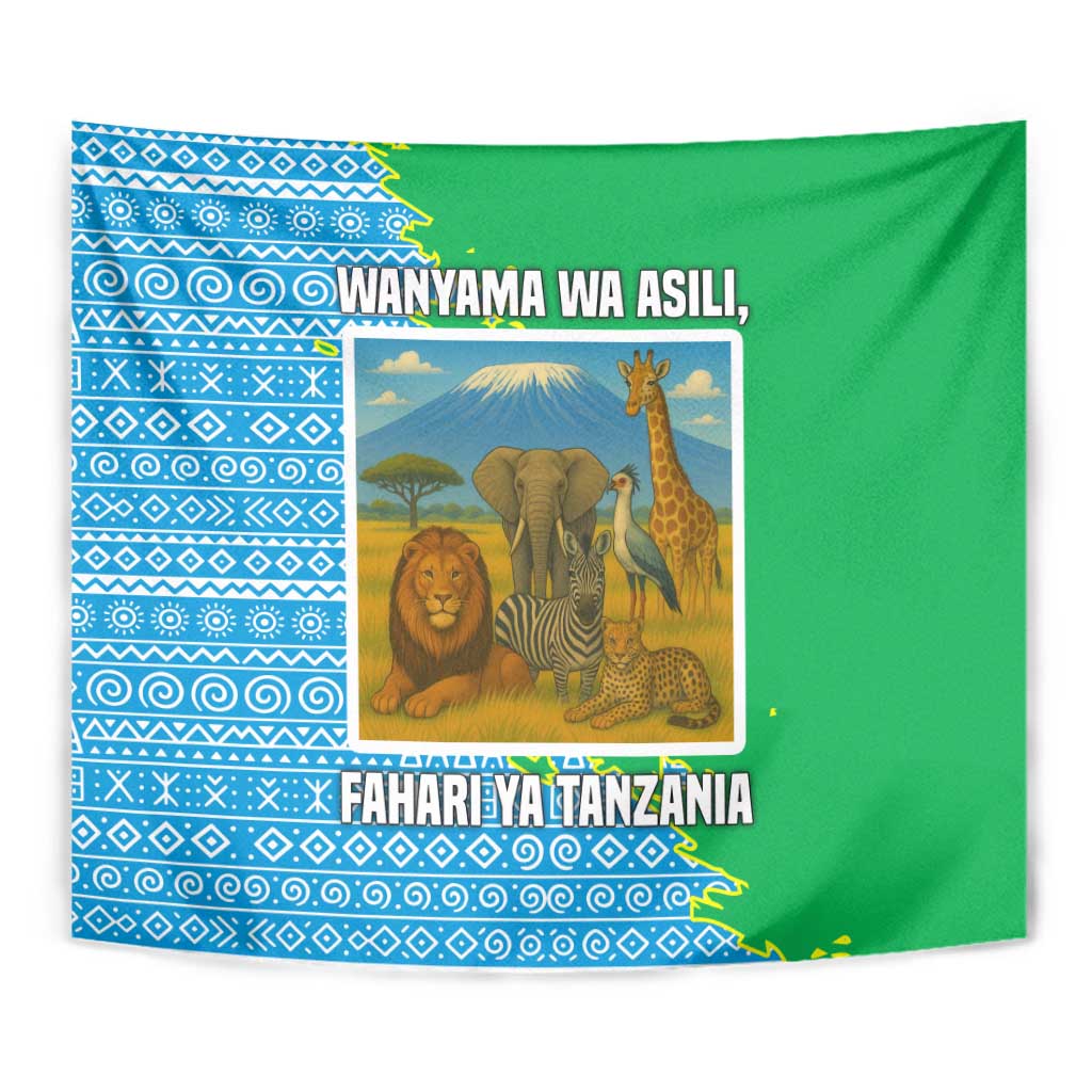 Tanzania Wildlife Tapestry with Tribal Print and Mount Kilimanjaro Safari Scene