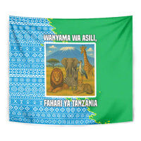 Tanzania Wildlife Tapestry with Tribal Print and Mount Kilimanjaro Safari Scene