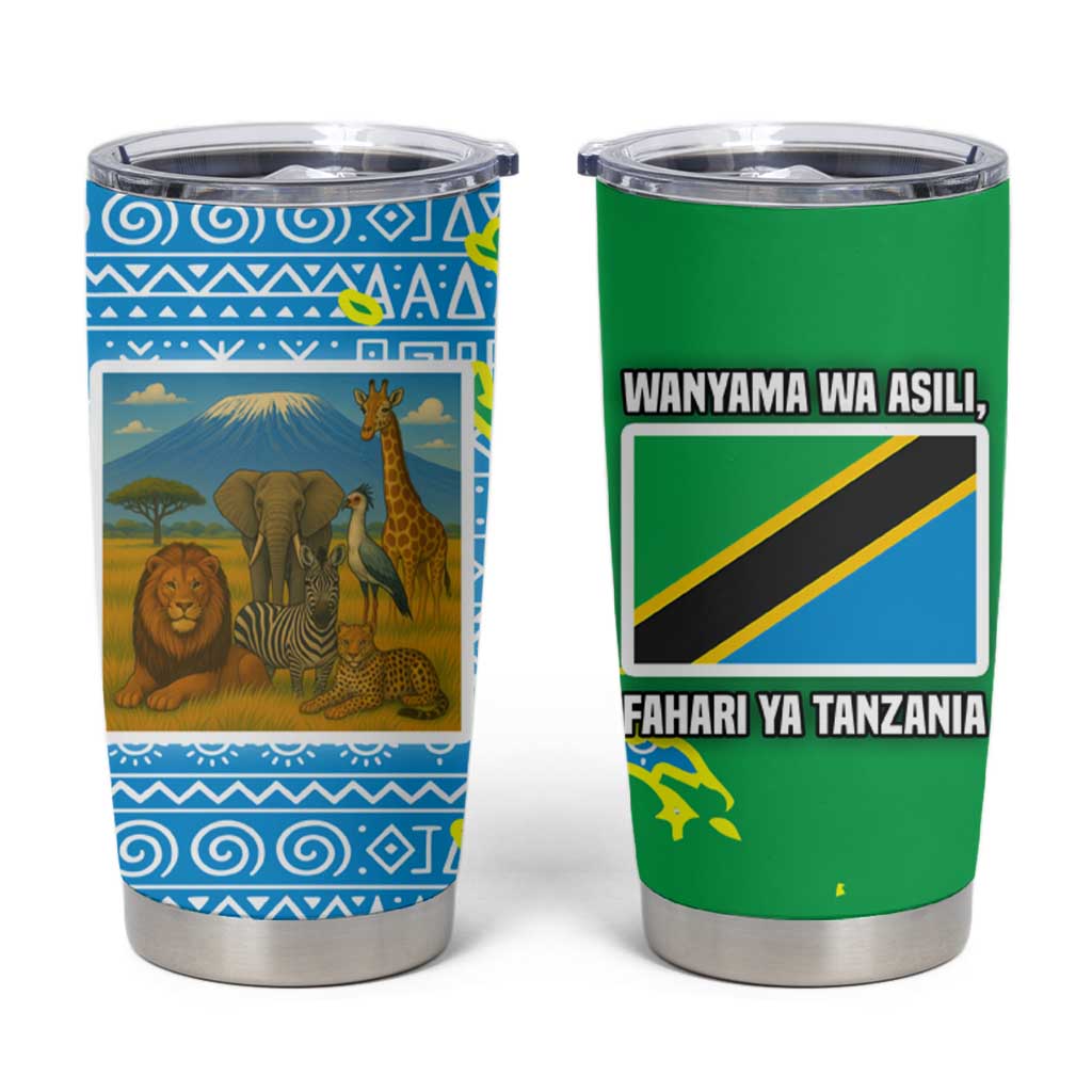 Tanzania Wildlife Tumbler Cup with Tribal Print and Mount Kilimanjaro Safari Scene