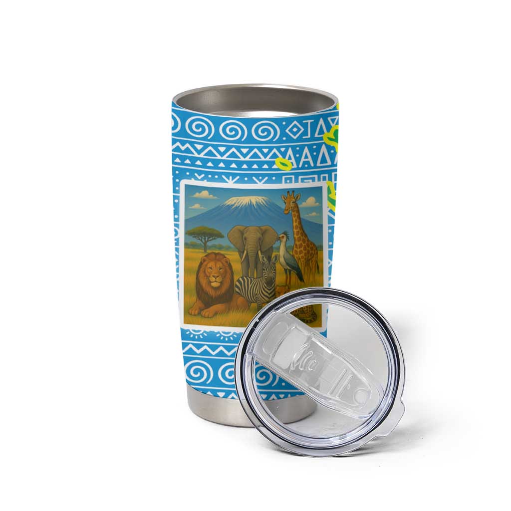 Tanzania Wildlife Tumbler Cup with Tribal Print and Mount Kilimanjaro Safari Scene