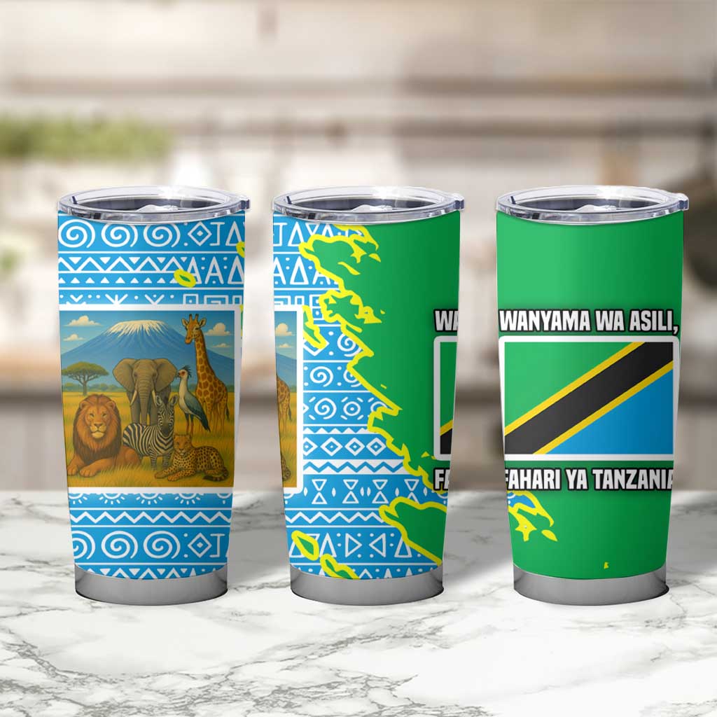 Tanzania Wildlife Tumbler Cup with Tribal Print and Mount Kilimanjaro Safari Scene
