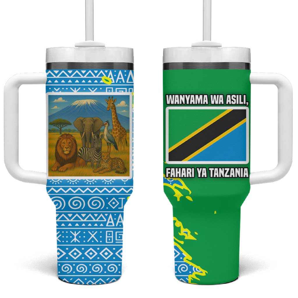 Tanzania Wildlife Tumbler With Handle with Tribal Print and Mount Kilimanjaro Safari Scene