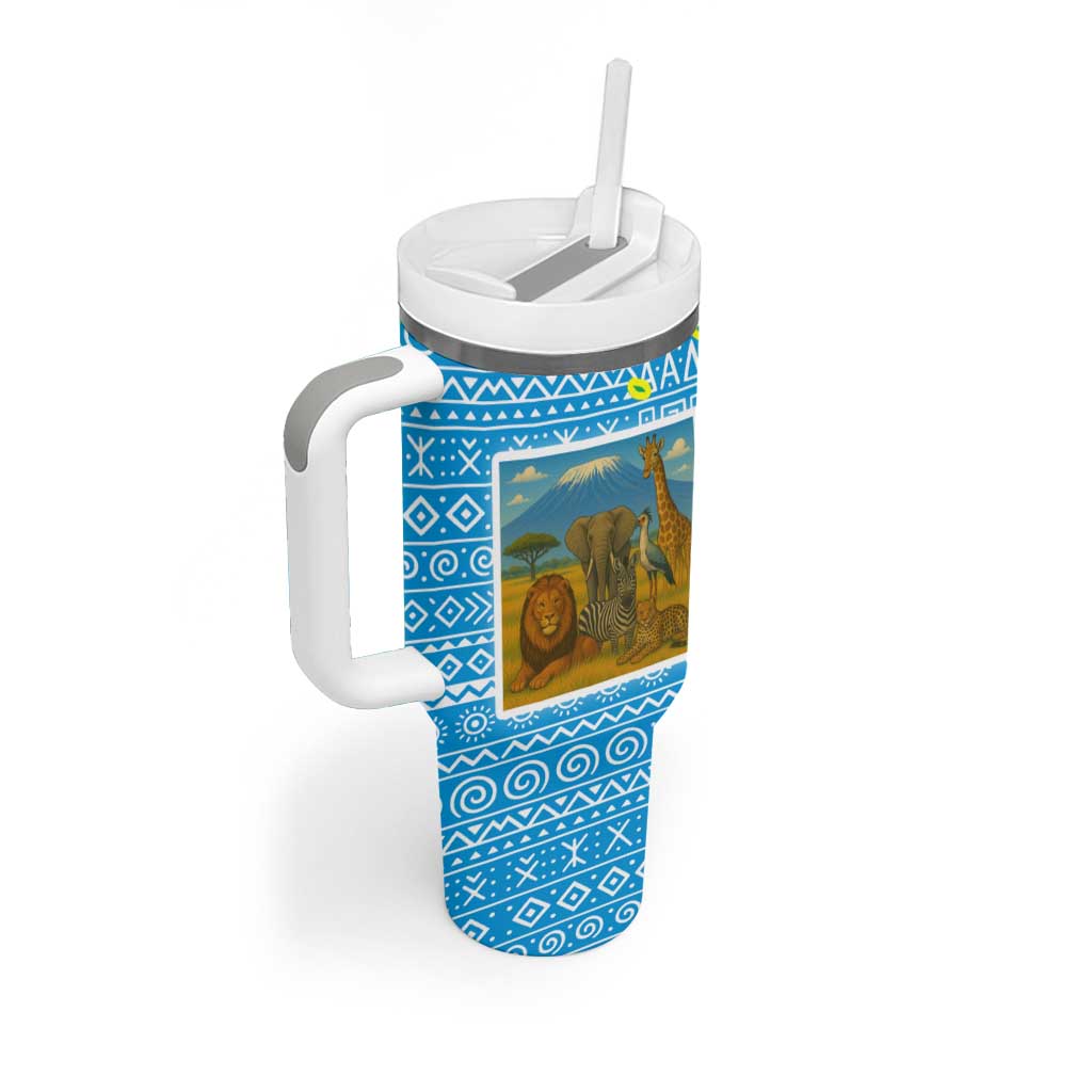 Tanzania Wildlife Tumbler With Handle with Tribal Print and Mount Kilimanjaro Safari Scene