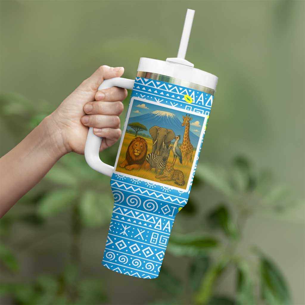 Tanzania Wildlife Tumbler With Handle with Tribal Print and Mount Kilimanjaro Safari Scene