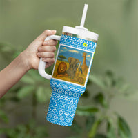 Tanzania Wildlife Tumbler With Handle with Tribal Print and Mount Kilimanjaro Safari Scene