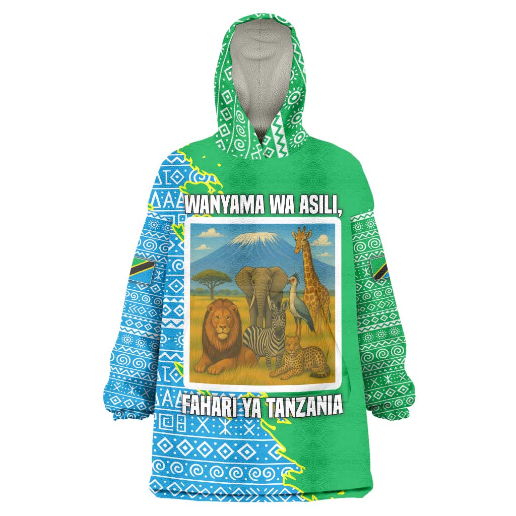 Tanzania Wildlife Wearable Blanket Hoodie with Tribal Print and Mount Kilimanjaro Safari Scene