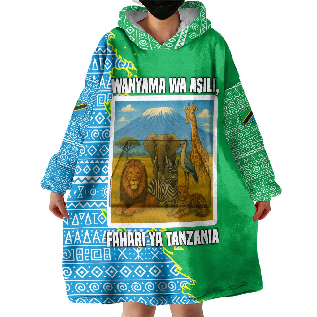 Tanzania Wildlife Wearable Blanket Hoodie with Tribal Print and Mount Kilimanjaro Safari Scene