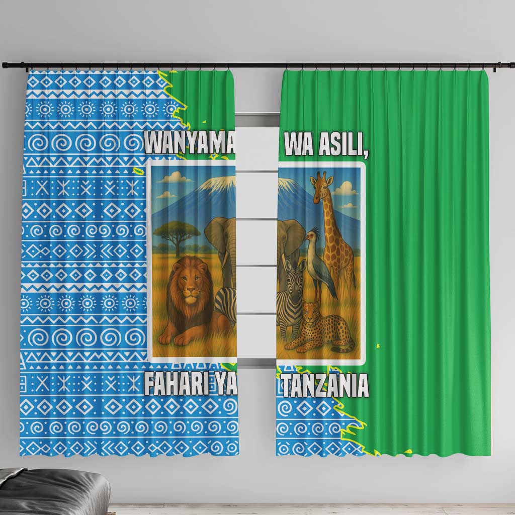 Tanzania Wildlife Window Curtain with Tribal Print and Mount Kilimanjaro Safari Scene