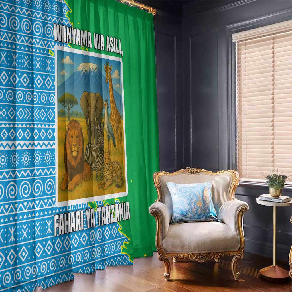 Tanzania Wildlife Window Curtain with Tribal Print and Mount Kilimanjaro Safari Scene