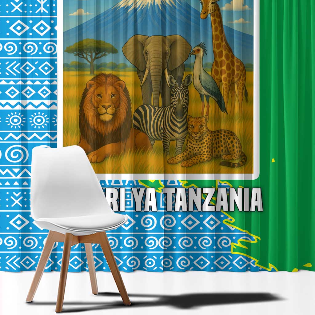 Tanzania Wildlife Window Curtain with Tribal Print and Mount Kilimanjaro Safari Scene