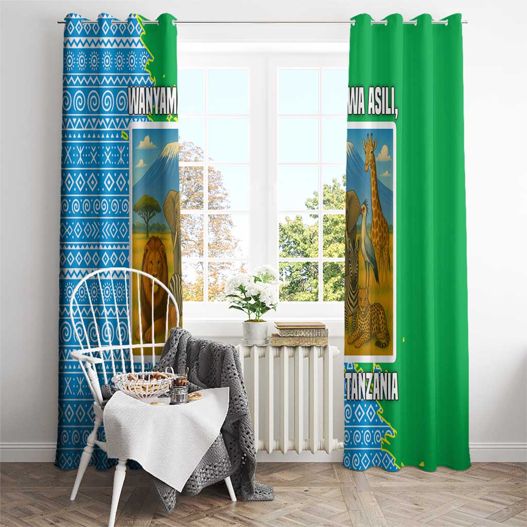 Tanzania Wildlife Window Curtain with Tribal Print and Mount Kilimanjaro Safari Scene