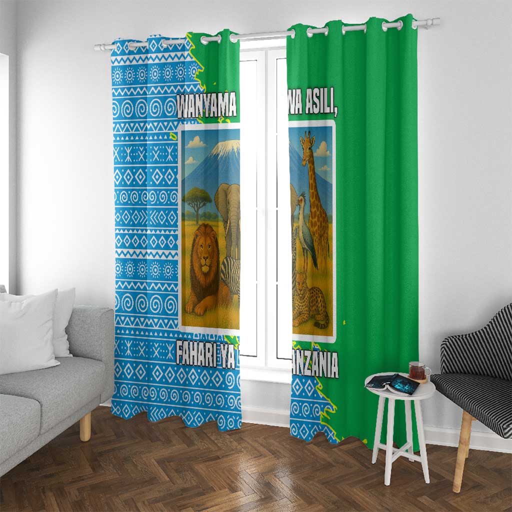 Tanzania Wildlife Window Curtain with Tribal Print and Mount Kilimanjaro Safari Scene