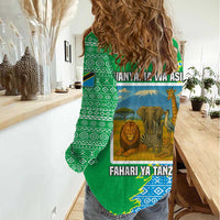 Tanzania Wildlife Women Casual Shirt with Tribal Print and Mount Kilimanjaro Safari Scene