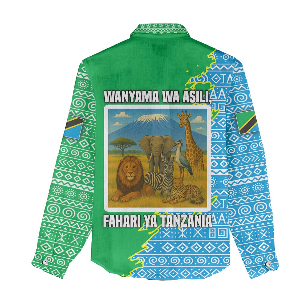Tanzania Wildlife Women Casual Shirt with Tribal Print and Mount Kilimanjaro Safari Scene