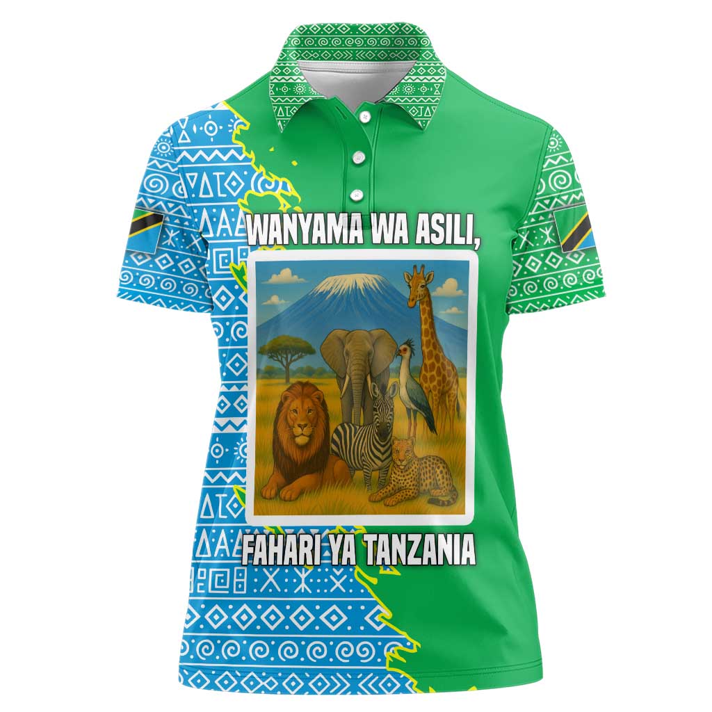 Tanzania Wildlife Women Polo Shirt with Tribal Print and Mount Kilimanjaro Safari Scene