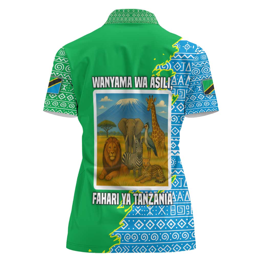 Tanzania Wildlife Women Polo Shirt with Tribal Print and Mount Kilimanjaro Safari Scene