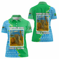 Tanzania Wildlife Women Polo Shirt with Tribal Print and Mount Kilimanjaro Safari Scene