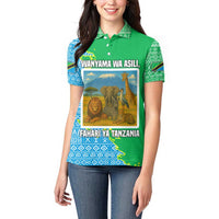 Tanzania Wildlife Women Polo Shirt with Tribal Print and Mount Kilimanjaro Safari Scene