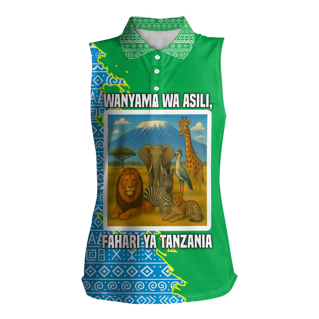 Tanzania Wildlife Women Sleeveless Polo Shirt with Tribal Print and Mount Kilimanjaro Safari Scene