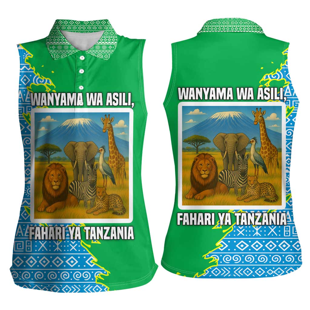 Tanzania Wildlife Women Sleeveless Polo Shirt with Tribal Print and Mount Kilimanjaro Safari Scene