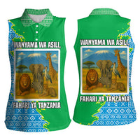 Tanzania Wildlife Women Sleeveless Polo Shirt with Tribal Print and Mount Kilimanjaro Safari Scene