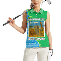 Tanzania Wildlife Women Sleeveless Polo Shirt with Tribal Print and Mount Kilimanjaro Safari Scene