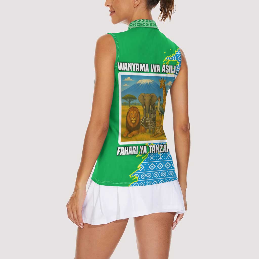 Tanzania Wildlife Women Sleeveless Polo Shirt with Tribal Print and Mount Kilimanjaro Safari Scene